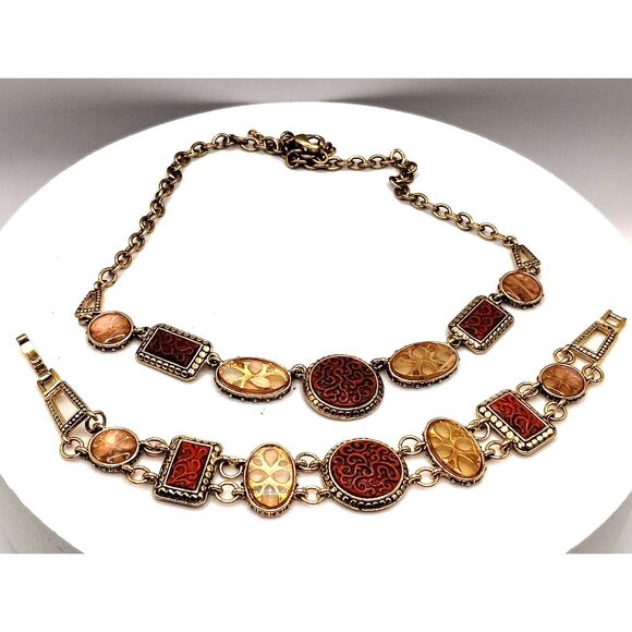 Vintage Jewelry - Necklace & Matching Bracelet of Goldtone Links with Fall Colors of Browns & Gold